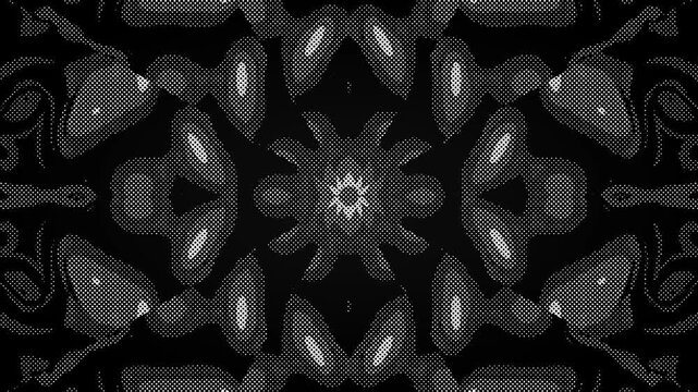 Halftone Dots Morphing in Symmetrical Abstract Configuration on Dark Digital Space Retro Glitch Vibe