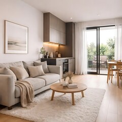 Cozy open-plan apartment living room and kitchen leading to a lush outdoor balcony.