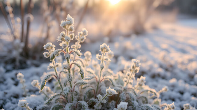 Thlaspi, pennycress plant covered with winter hoarfrost at sunrise morning