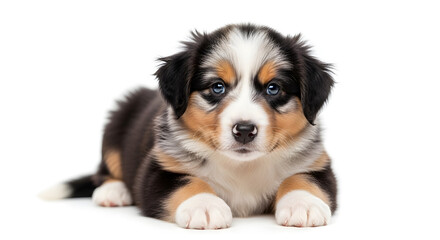 Fototapeta premium A cute Australian Shepherd puppy lies on a white surface looking directly at the camera.