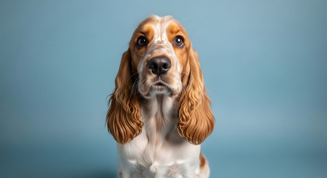 A cute cocker spaniel dog sitting in front of a blue background looking directly at the camera.