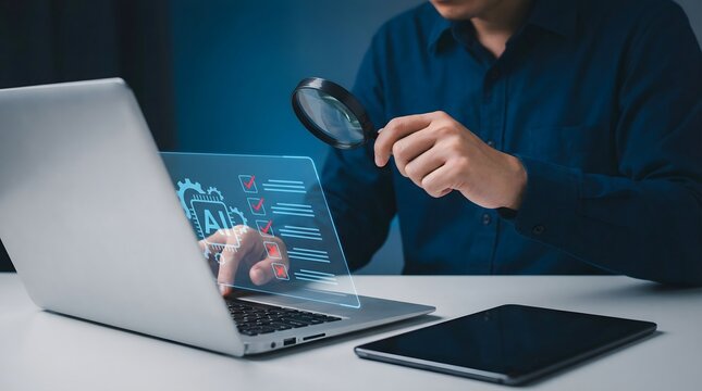 Artificial intelligence audit and validation concept with magnifying glass over AI interface and digital checklist on laptop workspace
