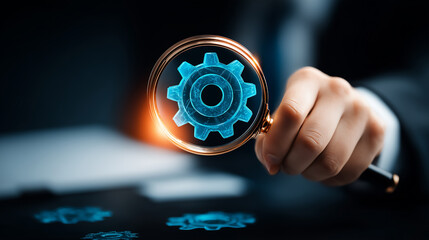 Hand holding magnifying glass over gear icon representing process analysis, operational diagnostics and business optimization.
