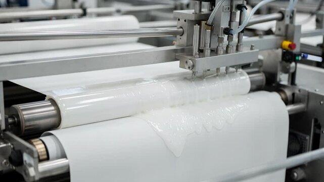 Medium shot capturing biopolymer barrier application on paperboard focusing on advanced renewable materials technology and precision machinery in packaging production.