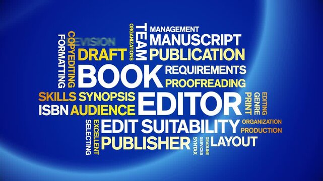 Book Editor animated word cloud-text design animation tag kinetic typography seamless loop.