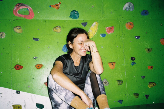 Woman resting after climbing

