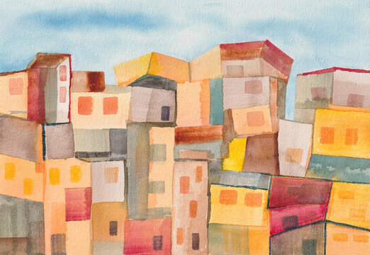 Watercolor Art Clustered Warm Geometric Village Buildings