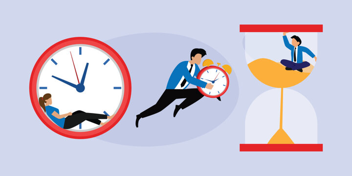 Time Management, Work-Life Balance, and Productivity with Clocks and Hourglass 2d flat vector illustration