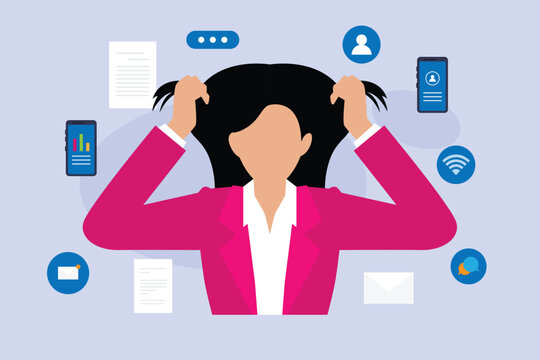 Stressed Businesswoman Overwhelmed by Digital Notifications and Workplace Information Overload 2d flat vector illustration