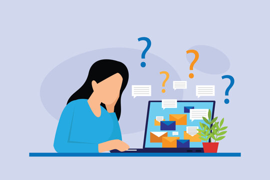 Overwhelmed Woman Stressed by Email Overload and Digital Communication Burnout 2d flat vector illustration