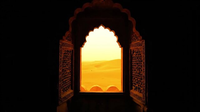 Golden desert dunes seen through ornate Jaisalmer window frame