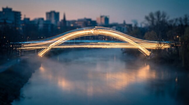 Illuminated Arch Bridge at Night with Light Trails Over Reflecting Water.