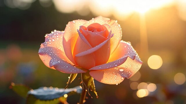 A dew-kissed peach rose glows in soft sunlight, petals open