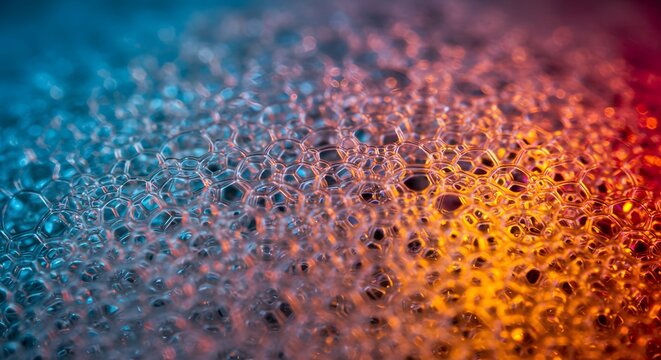 Closeup of hexagonal bubbles with blue orange and red hues