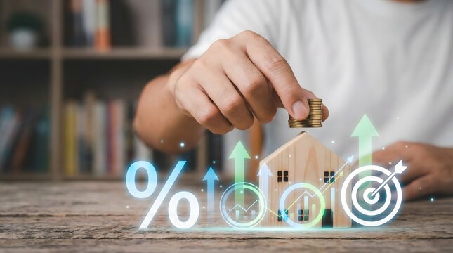 Real estate investment and financial growth concept with house model, stacked coins and hand placing location icon with upward trend
