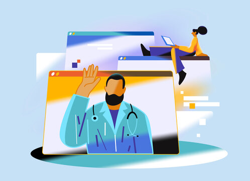 Online doctor video consultation with patient using laptop