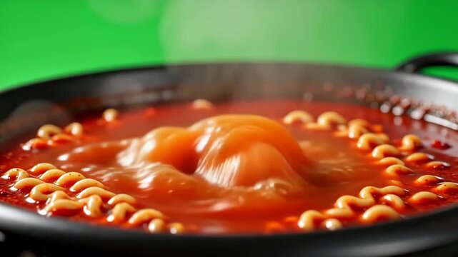 Close Up of Spicy Korean Ramen Boiling in a Pot with Green Screen