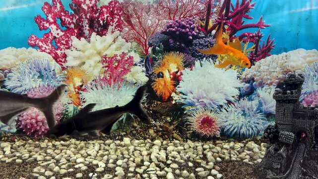 decorative fish tank interior with goldfish black fish and bright artificial coral reef