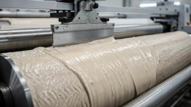 Medium shot showing a textured liquid coating being spread with an adjustable knife over a roll producing a patterned tactile finish in a production line.