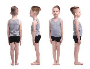 Obraz premium Little boy in underwear on white background. Collage with side, front and back views