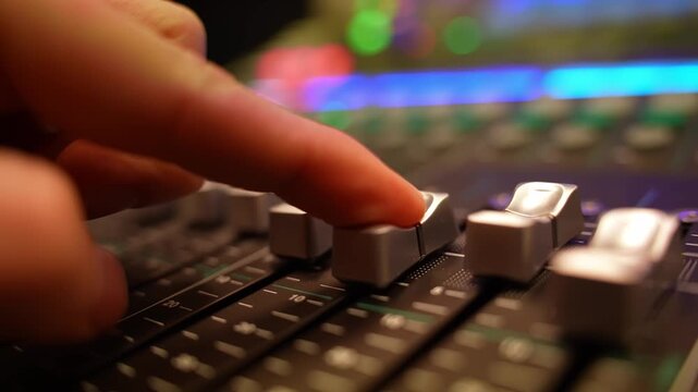 Close-up of a hand pushing a fader up on a professional mixing console with colorful LED glow and bokeh, shallow depth of field&mdash;perfect for music production and broadcast visuals.