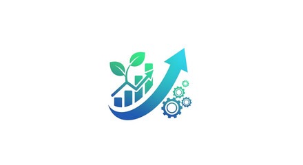 Green growth chart with upward arrow and gears representing financial success and business development ideal for investment concepts