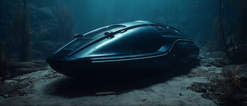 Sleek deep-sea submersible resting on the ocean floor, digital illustration