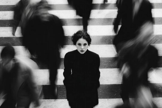 Woman standing still on pedestrian crossing surrounded by blurred moving people in black and white urban scene representing isolation and contrast in city life.