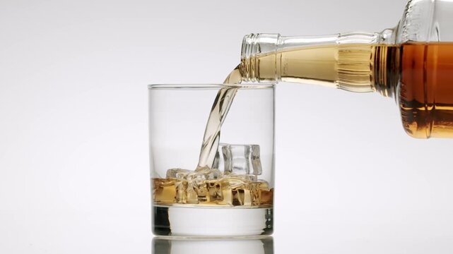 Golden whiskey pouring from a bottle into a glass with ice cubes in slow motion, creating splashes and filling the glass for a classic alcoholic beverage isolated on a white background