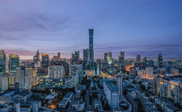 Beijing CBD Skyline at Dusk with Illuminated Towers