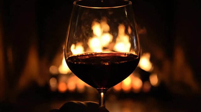 Wine Glasses Serenely Beaming with Warm Fireplace Light in Cozy Evening Setting