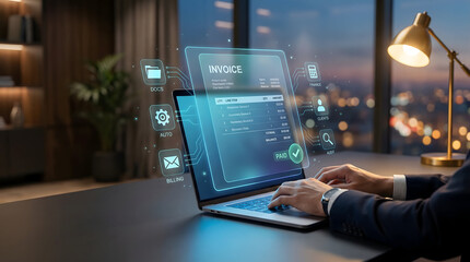 Digital Transformation in Finance Concept with Businessman and Virtual Invoice Dashboard