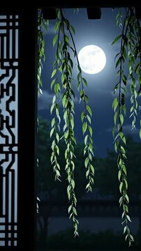 Moonlit Night with Weeping Willow Branches and Traditional Chinese Window Frame.