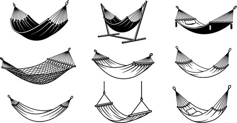 Hammock silhouettes collection, outdoor relaxation furniture in different styles, hanging beds with stands and ropes, black vector illustration set for camping, backyard, leisure design © Beauty