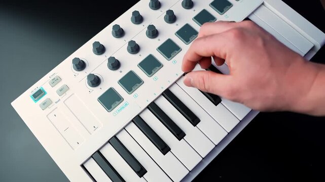 Close-up of hand tapping drum pads on a MIDI keyboard controller, triggering samples for music production in a home studio. Modern electronic workflow and creative sound design.
