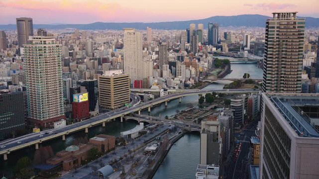 Osaka City at Sunset, Background of Kitahama and Umeda from High Angle, Japan