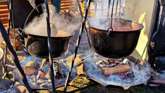 Traditional cast iron cauldron Dutch oven outdoor cooking over an open fire