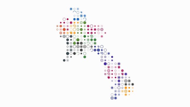 Laos animated country shape. Pulsating colored dots on the map of the country. Large size circle blocks. Digital style Laos map on white background. Amazing animation video.
