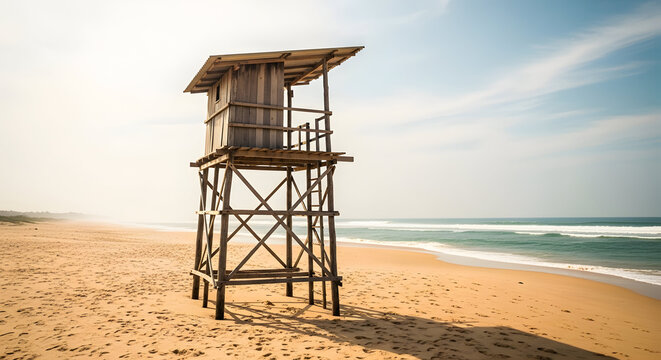 Lifeguard tower wooden structure in a sunny landscape offering a sense of calm and safety for summer vacationers