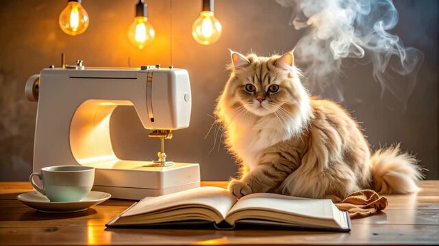 Cat near sewing machine with book, cup, and light bulbs. Smoke present
