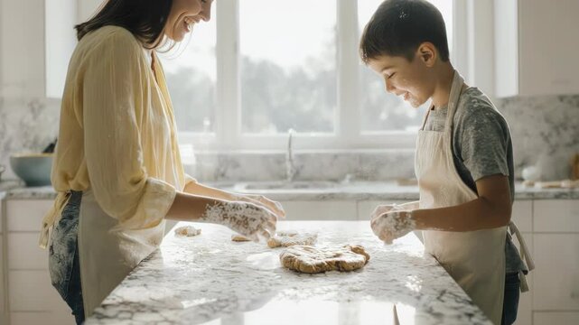 The Flour Fight. Home Cooking & Family Bonding in the Kitchen. Family / Playful. a mother and son playfully bopping each other with floury hands while making cookies, clouds of white flour in the air
