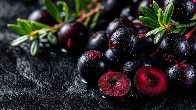 Icelandic crowberries with leaves, dark and fresh, detailed still life with water droplets