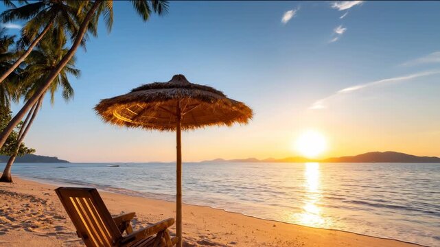 Scenic Sunset with Beach Chair and Palm Trees View