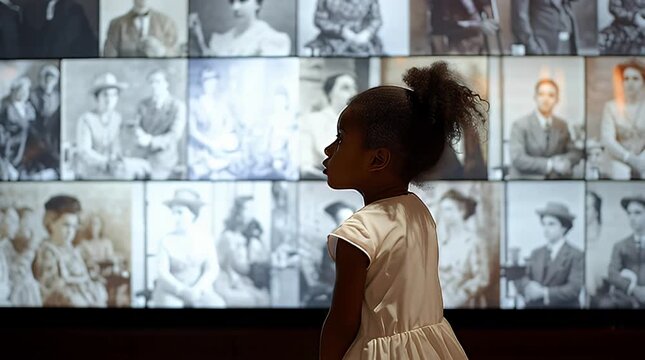Young girl gazes thoughtfully at a wall of historical black and white portraits, connecting with past generations