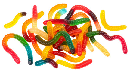 pile of colorful sour gummy worms isolated on white background