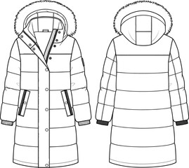 Women’s winter puffer parka flat sketch with hood, fur trim, technical fashion drawing, detailed front and back coat illustration for designers © Beauty