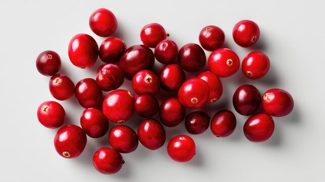 Fresh, ripe cranberries arranged on a light gray surface showcasing their vibrant color and natural texture, perfect for seasonal recipes and healthy dishes.