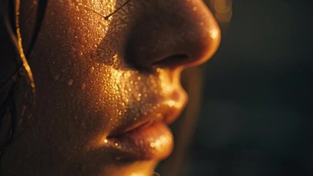 Close up of a sweaty face with golden light highlighting skin texture and moisture.