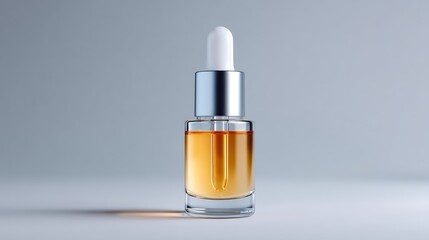 Fototapeta premium Elegant glass dropper bottle with golden liquid, showcasing beauty product, fresh skincare essence, minimalistic design, suitable for wellness and cosmetics promotion