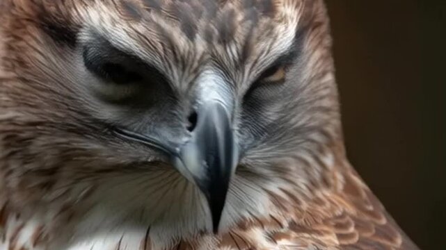 Close-up of a majestic hawk with piercing yellow eyes, showcasing its intricate feather details and powerful gaze.